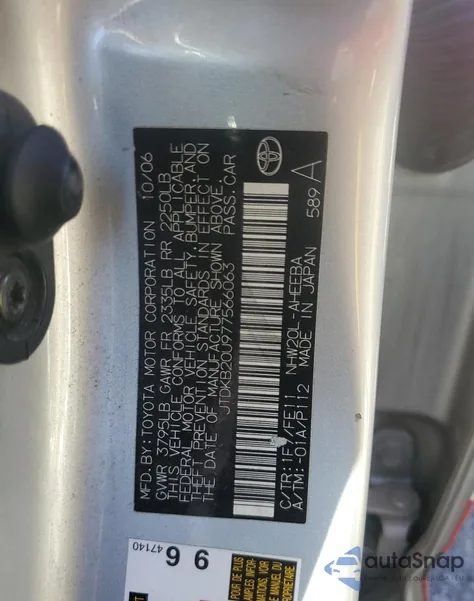 2007 Toyota Prius z USA, uszkodzony, nr VIN JTDKB20U977566063